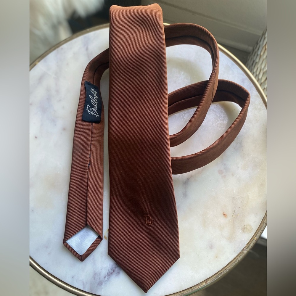 Vintage Dior Logo Bullocks Cognac Terracotta Rustic Woven Poly Silk Twill Tie